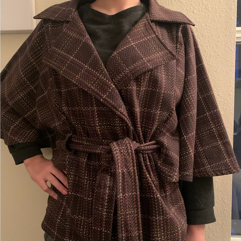 Brown Plaid Shrug with Wide Collar and Belt